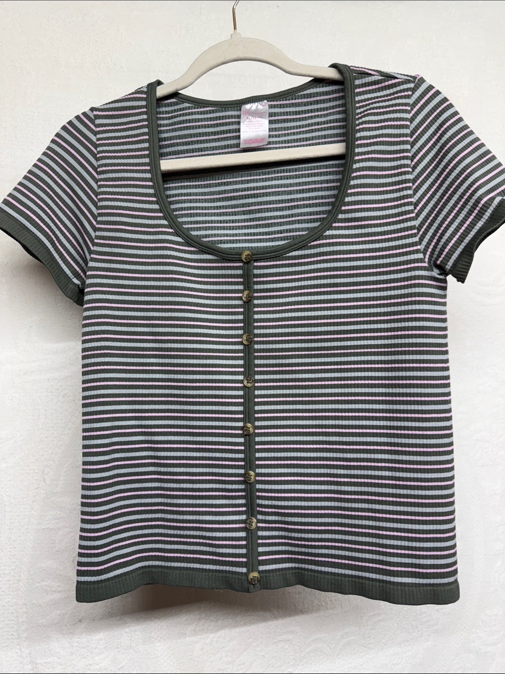 No Boundaries Olive & Light Pink Striped Scoop Button-Front Crop Top